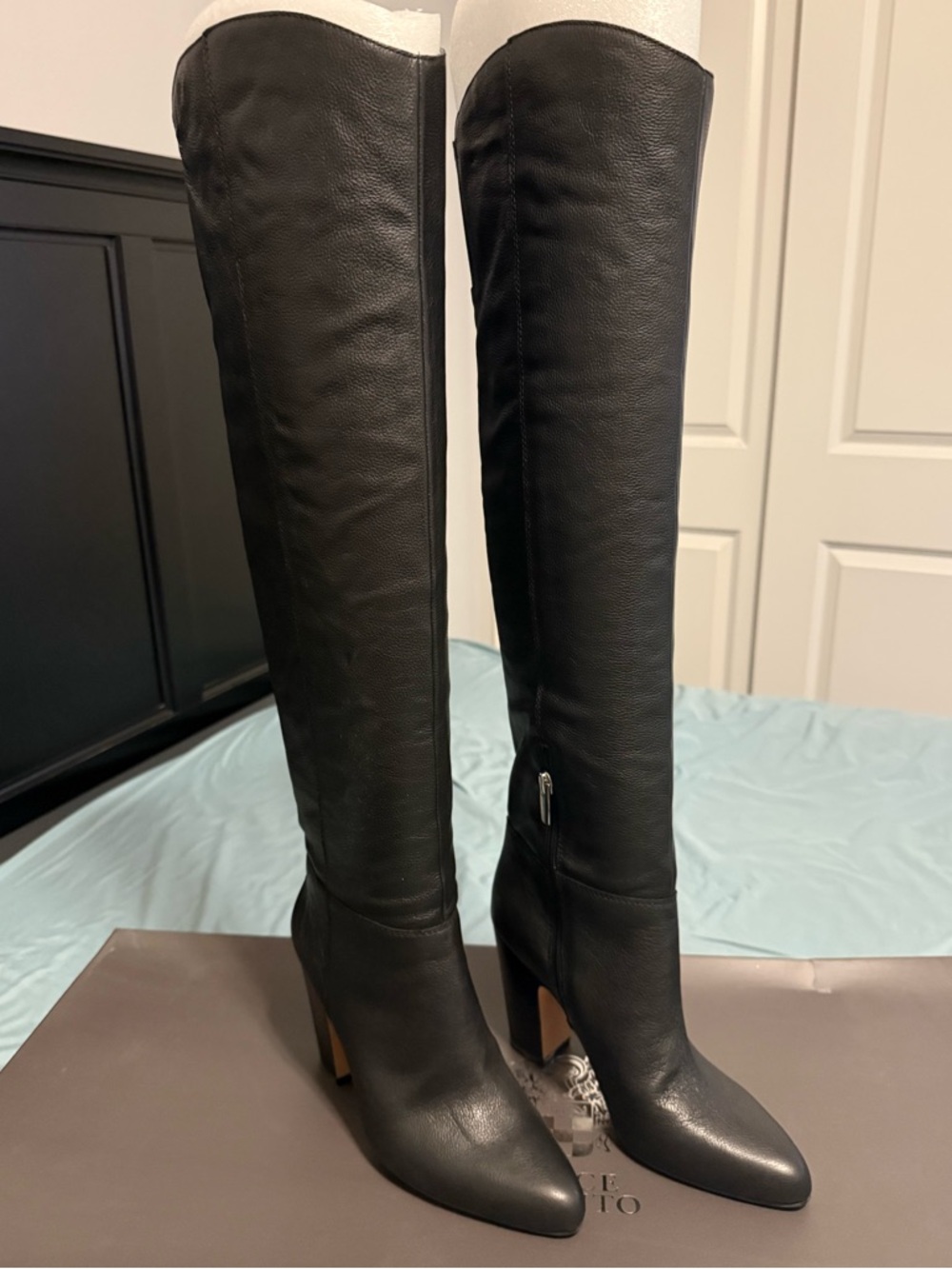 Vince Camuto Black Leather Over-the-Knee Pointed Heel Boots